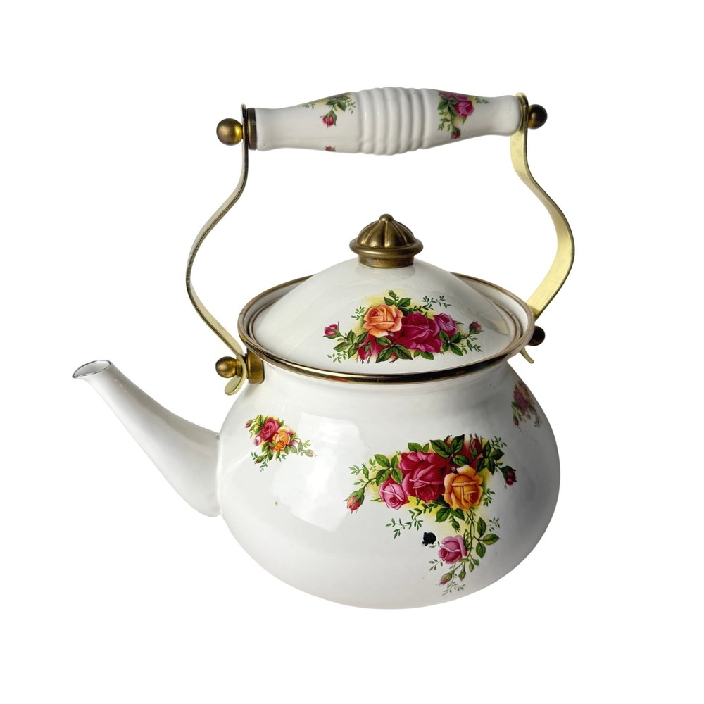 Vintage Royal Albert Tea Kettle Old Country Roses Enamelware 1960s Cottage Decor